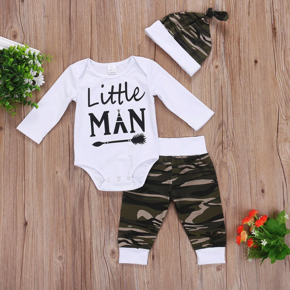 Весенне-осенний комплект из 3 предметов для новорожденных мальчиков, комбинезон с длинными рукавами+ камуфляжные длинные штаны, комплект одежды с шапочкой для детей 0-18 месяцев