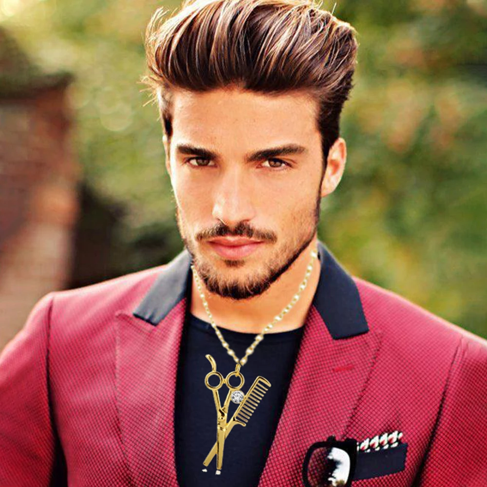 CestoMen Long Barber Necklace 3D Scissors Comb Hairstylist Pendant Hairdresser Necklace For Barberman