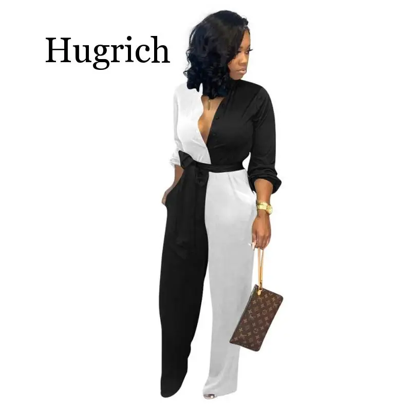 

European and American nightclub party women's color matching long-sleeved jumpsuit ruffled jumpsuit autumn and winter explosions