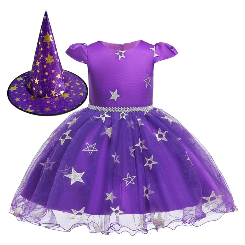 Purple 5-6T Элегантное платье с вышивкой в виде звезд для девочек; милое платье принцессы на свадьбу и Хэллоуин для девочек; одежда для маленьких девочек - Цвет: Purple 5-6T