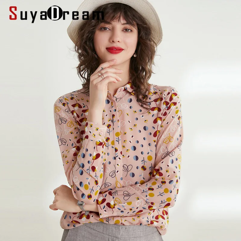  Women Silk Blouse 100% REAL SILK CREPE Printed Blouses for Women Long Sleeved Blouse Shirt 2019 Off