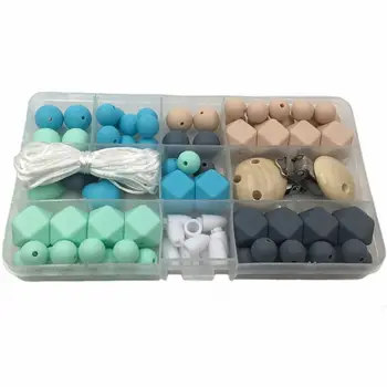 

OOTDTY 1Set Baby Silicone Wooden Teether Love Heart Ball Cubic Shape Teething Toy DIY Pacifier Chain Bracelet for Infant Toddler
