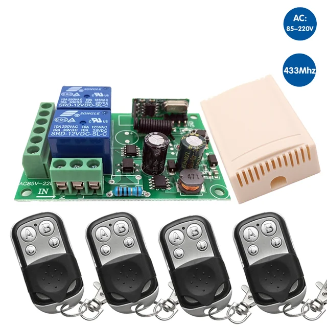 Universal Wireless Remote Control 433MHz AC220V 2CH RF Relay Receiver and Transmitter for Universal Garage door and gate Control 1RC 4B