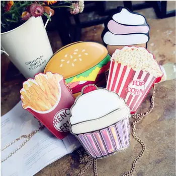 

3D Creative Style Woman Hamburger Ice Cream shoulder bags Cupcake Cute Popcorn Fries PU Chains bags Messenger Bags