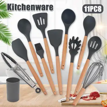 

11Pcs set Silicone Kitchen Utensil Set Non-stick Silicone Cooking Tools Kitchenwares with Wooden Handle