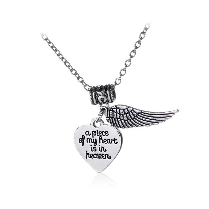 

New Style Lettered a Piece of MY Heart Is in Heaven Heart Wing Necklace Hot Selling