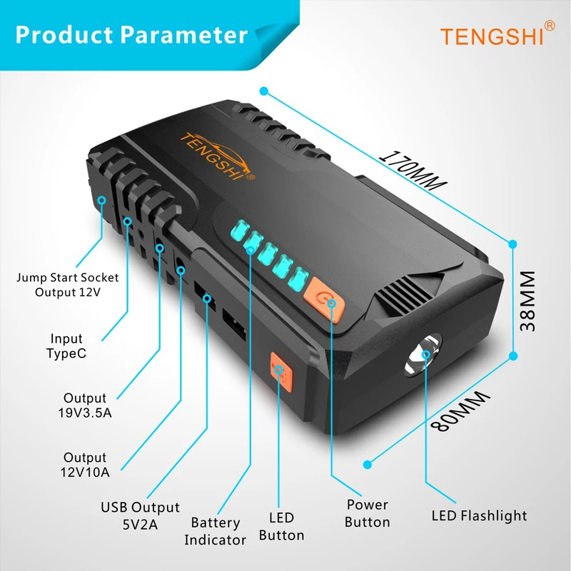 TENGSHI 12V Car Jump Starter Battery Charger  12800mA 2USB Power Bank  800A Starting Device  Start-up for Car 12V Motorcycle St everstart jump starter