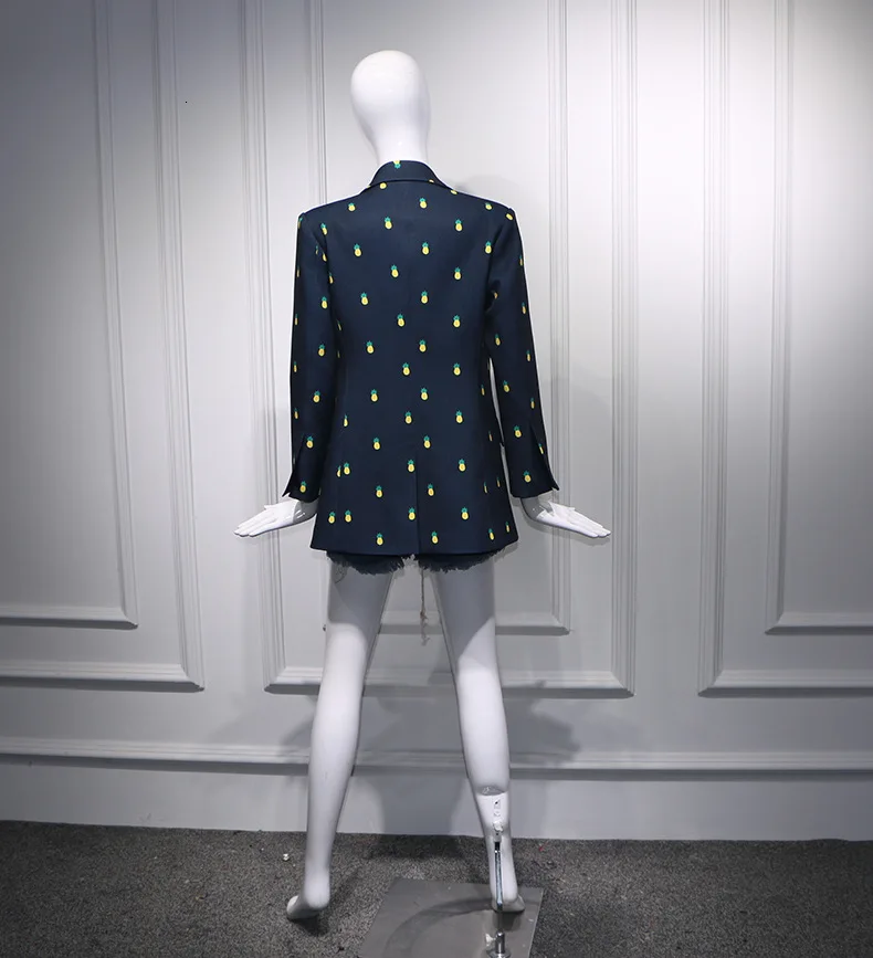Elegant Women Black Blazer Luxury Brand Office Lady Pineapple Printed Sequins Long Blazer Jacket Autumn Suit Coat Outerwear