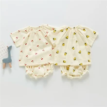 

Baby Girl Clothes Set Summer Bamboo Cotton Gauze Short Sleeve Top + Shorts Suit 2022 New Cherry Lemon Print Children's Clothing