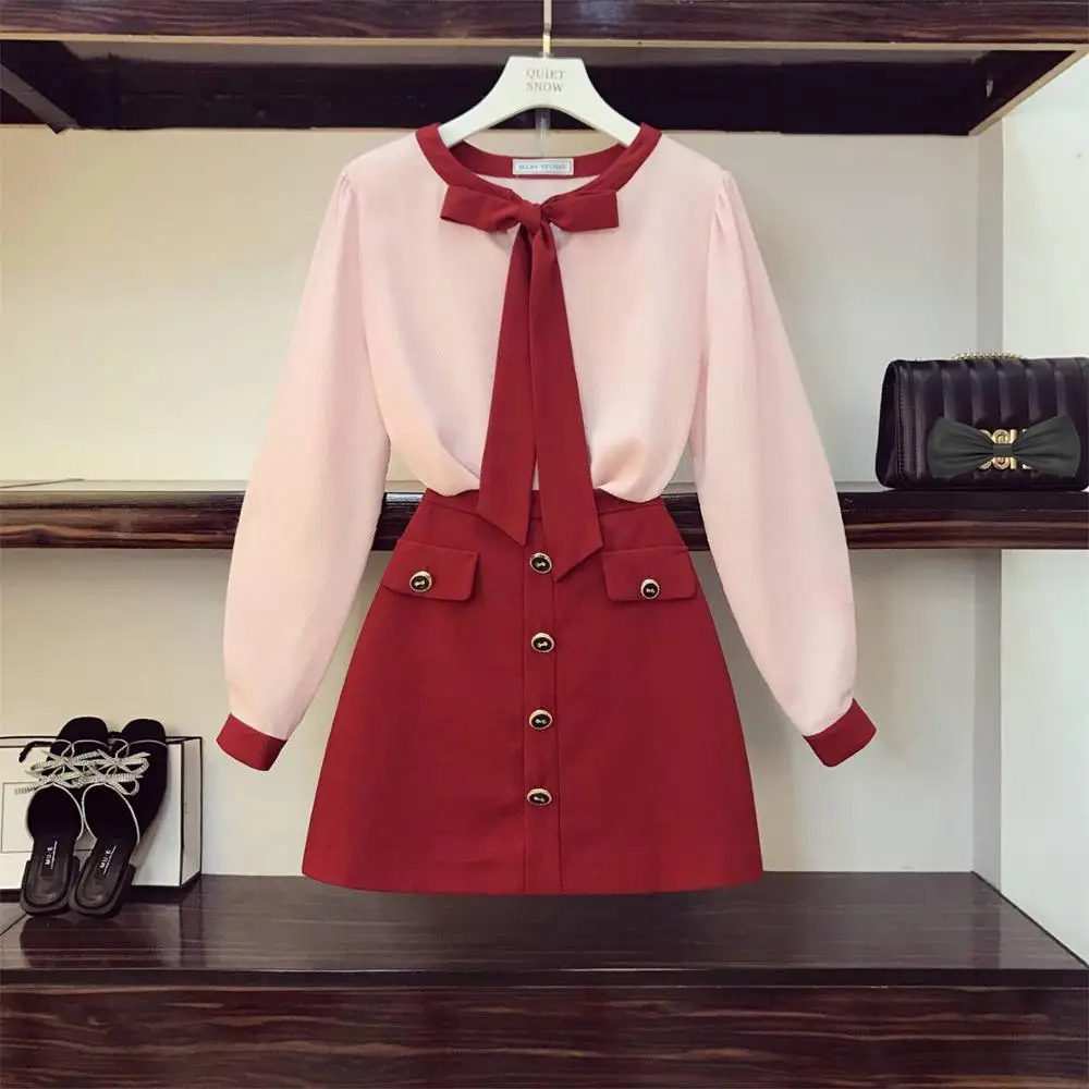 Осень 2020 женская рубашка с длинным рукавом и бантом + юбка повседневный комплект