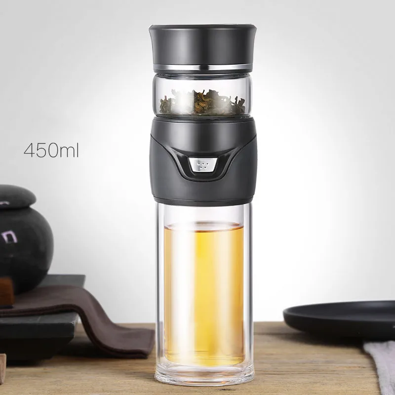 

Double Glass Water Bottle Tea Water Separation With Tea Filter High Borosilicate Glass Leakproof Portable Two Cover 450ML