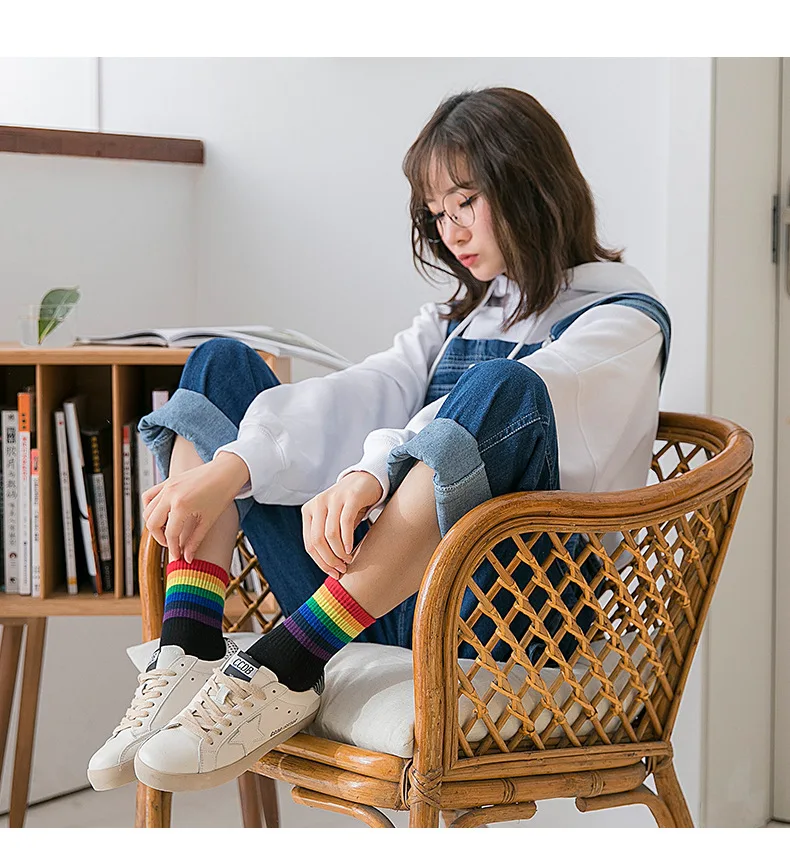 Harajuku/Стильные длинные носки; цвет радуги; уличная мода; корейский носок; рождественские хлопковые милые носки; Skarpetki Calcetines; Новинка года