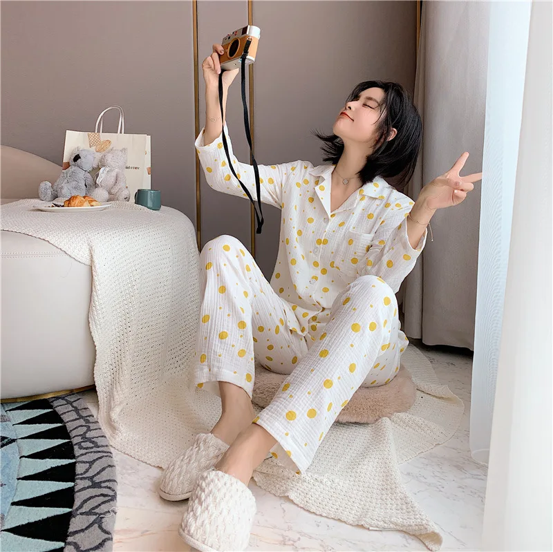 

Pajamas Set Women Yellow Long Sleeve Nightwear Kimono Gown Casual Cotton Bathrobe Sleepwear Home Clothing Intimate Lingerie