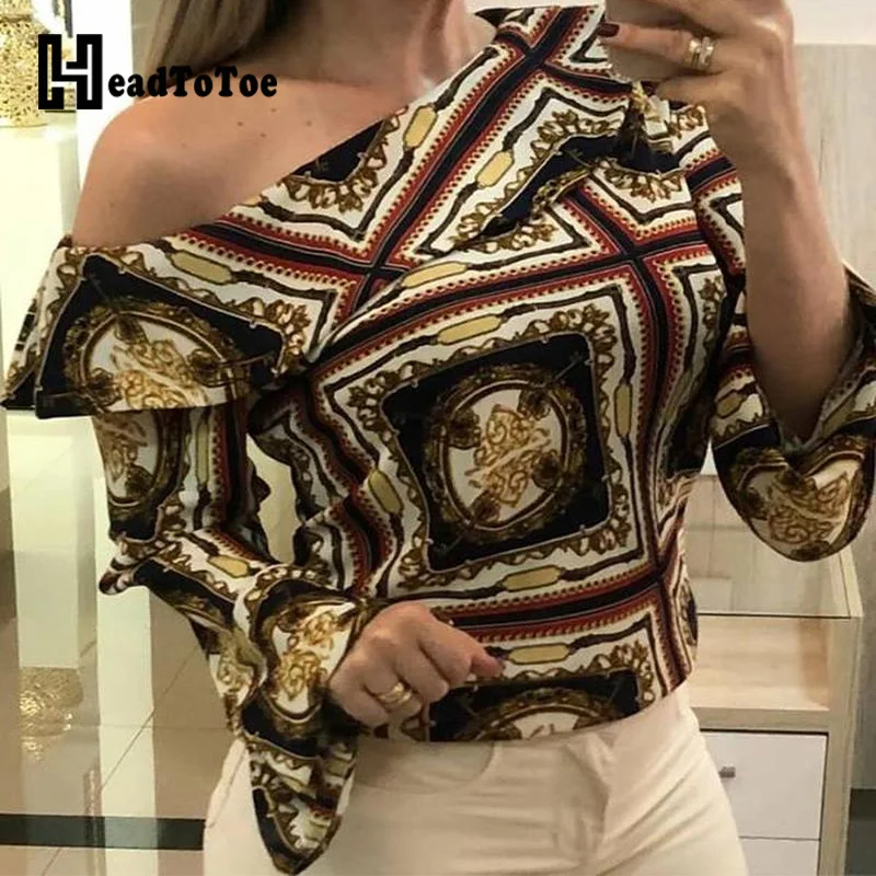 

Women Retro Print Bell Sleeve Ruffles Blouse Ladies Skew Neck Long Sleeve Casual Autumn Blouse Tops