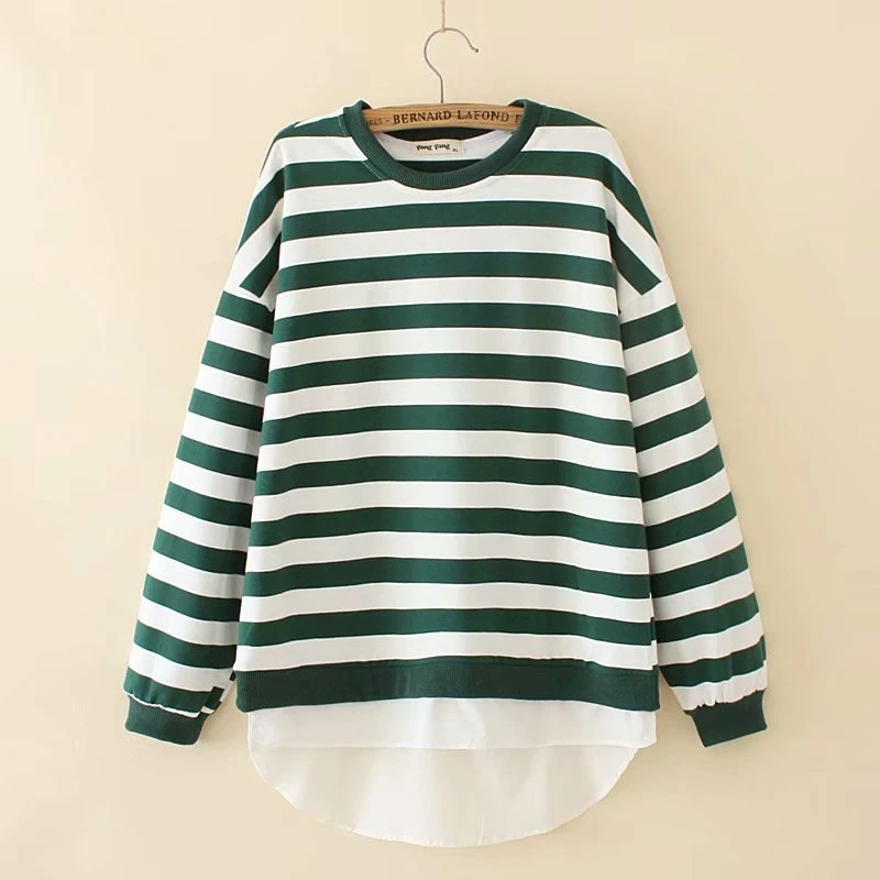 

Plus Size XL-3XL False Two Pieces Women's Hoodie Long Sleeve Striped Pullover Oversized Outwear