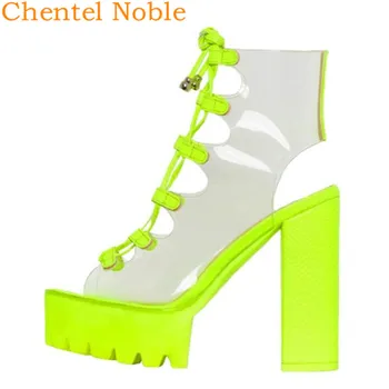 

PVC Newest Chentel Manual High Heel Women Sandal Fluorescent Color Open Toe Thick Bottom Sandals Ladies Sexy Pumps Summer