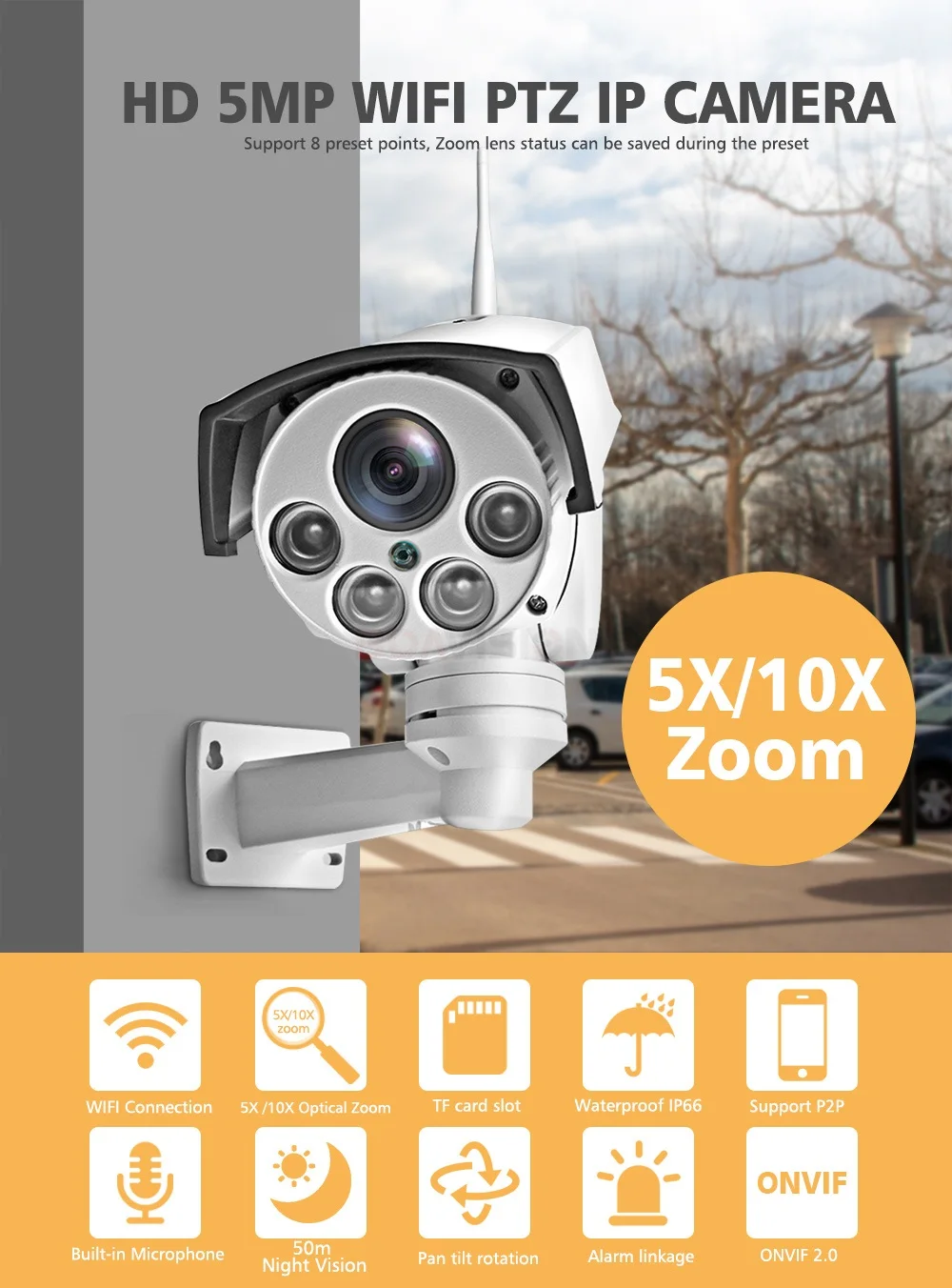 HD 5MP 4MP wifi PTZ Bullet IP камера беспроводная 5X 10X Zoom наружная CCTV камера безопасности Видео аудио ONVIF IR 60M P2P приложение CamHi