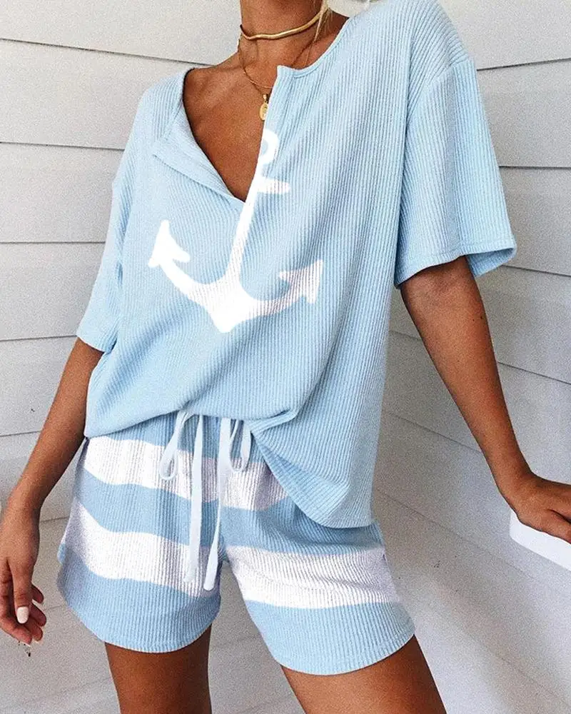 

2020 Summer Women Top & short Sets Casual Homewear Loungewear Short Sleeve Boat Anchor Print Striped Short Sleeve Pajamas Set