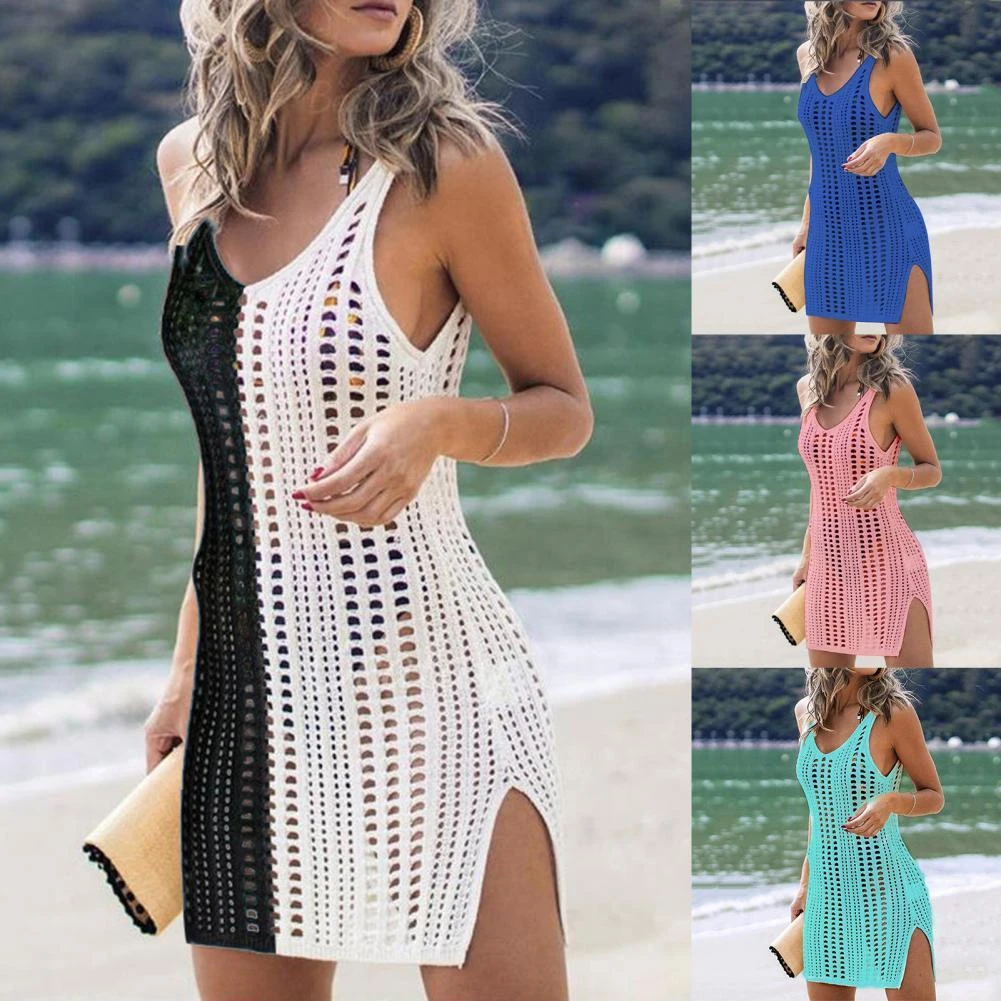 Vestido de playa para mujer, de Color sólido, Anti Sol, ahuecado, para piscina, 70%|Cover-up| AliExpress