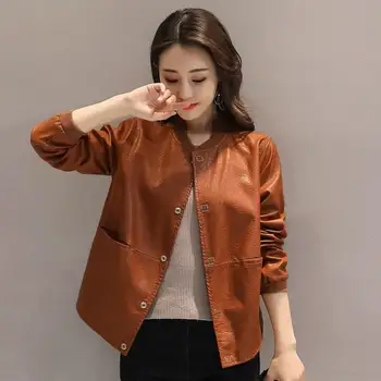 

Female Loose Pu Jacket Casual Solid Color O Neck Short Coat Women Jacket