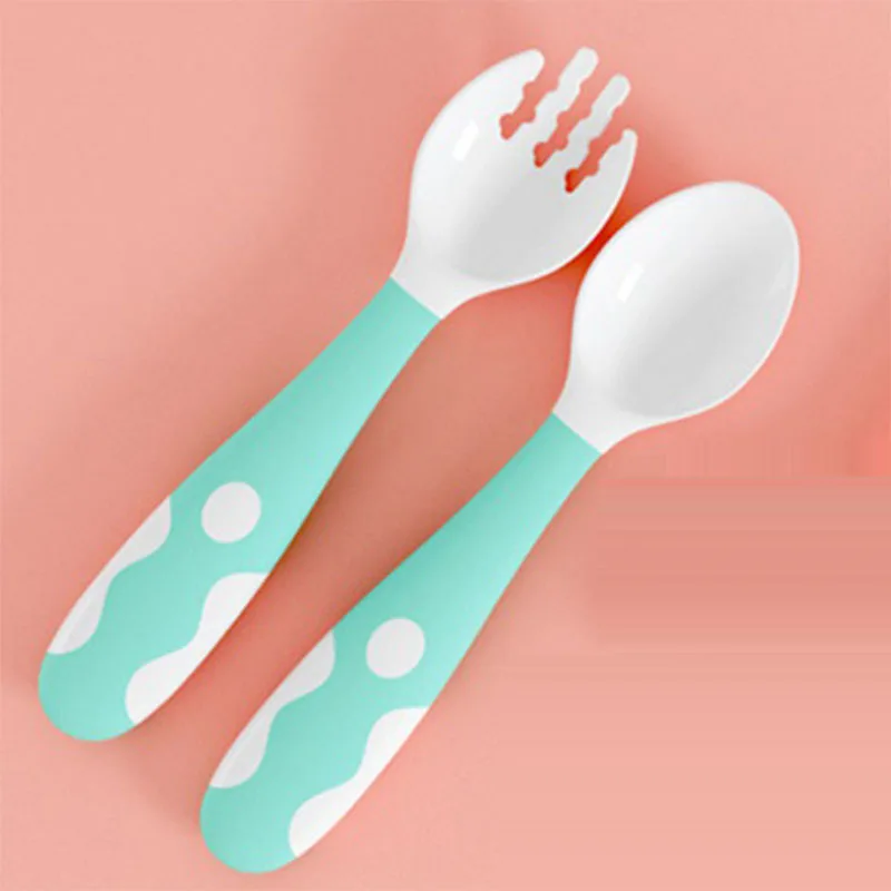 MINT GREEN Детский набор ложка и вилка, 2 шт., гибкие детские столовые приборы, обучающая посуда для кормления, термостойкая ложка для малышей с коробкой - Цвет: MINT GREEN
