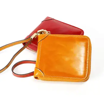 

Oil Wax Leather Zipper Coin Purse Cowhide Id Card Holder Retro Short Wallet Genuine Leather Rfid Women Square Clutch Wallet