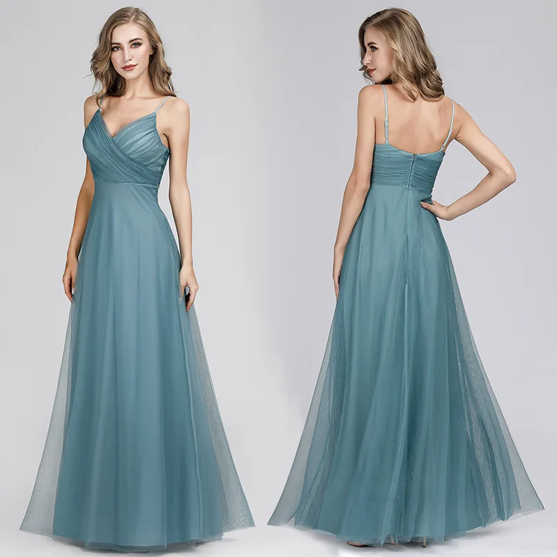 

New Evening Dress Sweet Different Colors Tulle Spaghetti Straps V-neck Pleated Sleeveless Dress Backless Zipper-up Dress