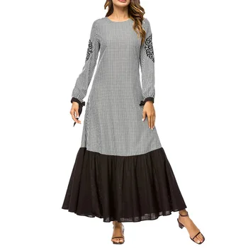

Vintage Turkish Malaysia Dubai Muslim Embroidered Women Abaya Dress Elegant Patchwork Plaid Islamic Clothing Robe Femme