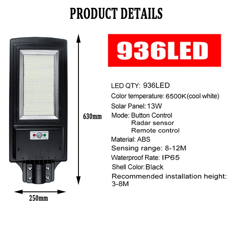 1000 Вт светодиодный настенный светильник IP65 936 светодиодный уличный светильник на солнечной батарее 2 в 1, постоянно яркий и индукционный солнечный датчик с дистанционным управлением