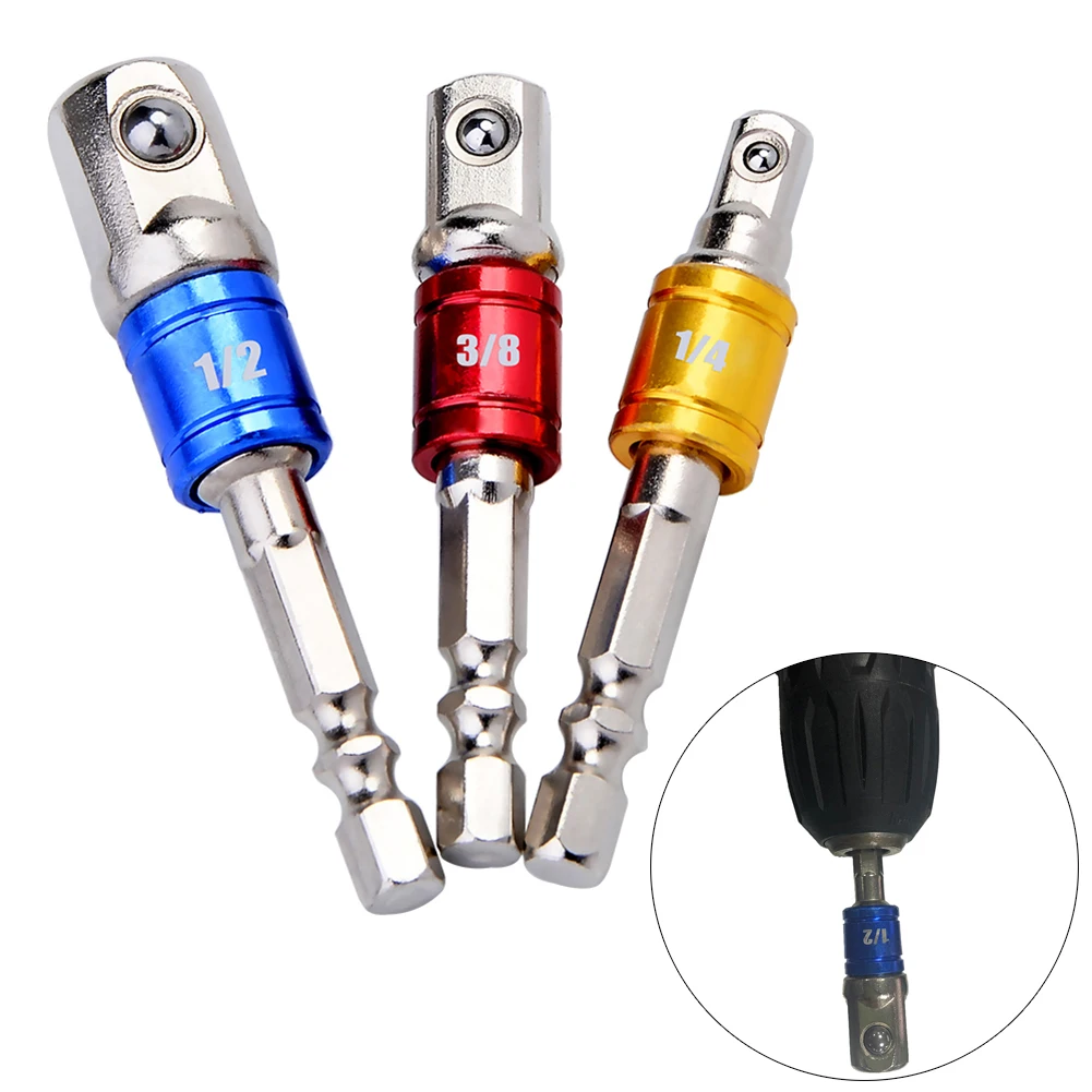 

3 Sizes Color 1/4" 3/8" 1/2" Steel Socket Adapter Hex Shank Set Extension Drill Bits Bar Hex Shank Bit Set Power Hand Tools
