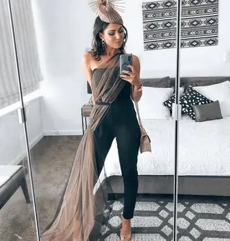 

High Quality Black One Shoulder Long Mesh Jumpsuit Rayon Bandage Jumpsuit