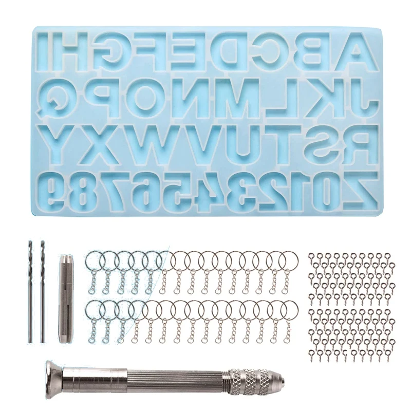 Epoxy Casting Mold Set Include 1x Hand Drill 2x Drill Bits 30x Keyrings 100x Screw Pins for Making DIY Resin Supplies