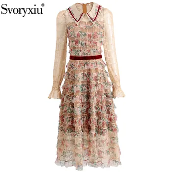 

Svoryxiu 2020 Designer Autumn luxury Party Dress Women's Fashion Flared Sleeves Flower Print Cascading Ruffle Mesh Vintage Dress