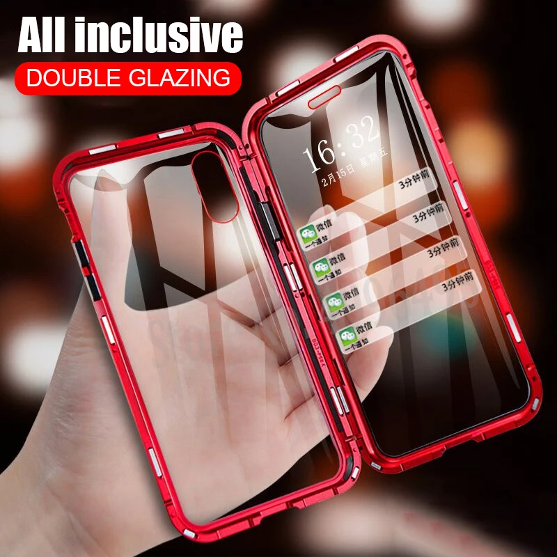 360 Полный Магнитный чехол для телефона iPhone 7 8 Plus Coque Алюминиевый металлический чехол-бампер для iPhone X XR закаленное стекло чехол