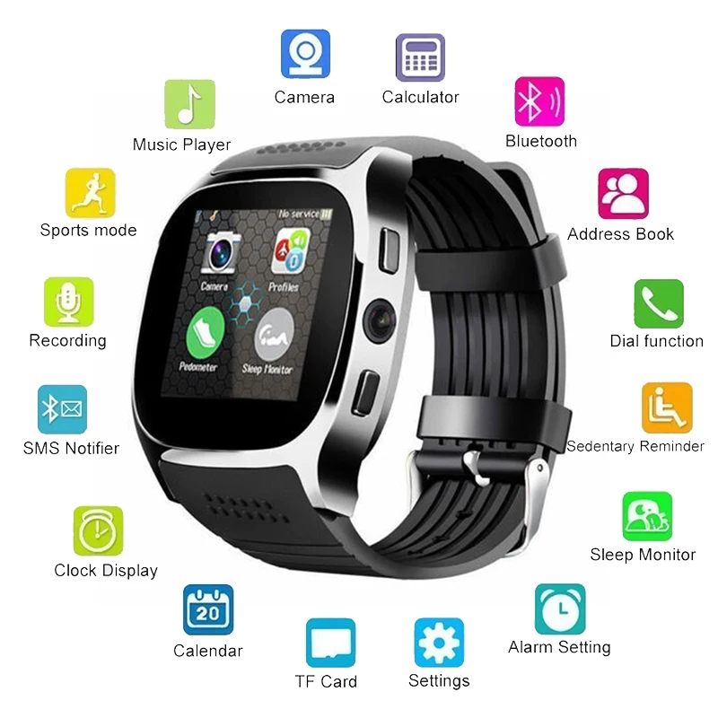 

T8 Bluetooth Smart Watch Alarm Clock Music Camera SIM Card 2g Smart Watch Men Touch Screen Watch For Android Phone Pk A1 GT08