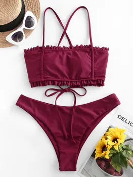 

ZAFUL Frilled Trim Criss Cross Lace Up High Leg Bikini Swimsuit