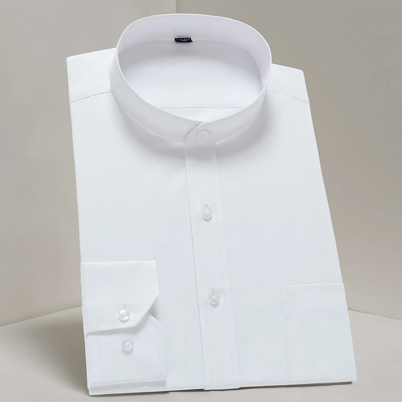 Men S Casual Standard Fit Long Sleeve Band Collar Shirt Single Patch Pocket Elegant Fashion White Work Office Basic Dress Shirts Aliexpress Men S Clothing