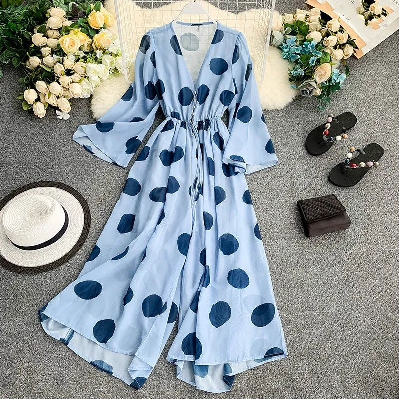 Женский шифоновый комбинезон в горошек с высокой талией, Boho, Свободный комбинезон на шнуровке, с пуговицами, v-образный вырез, длинный рукав, широкие штанины, Комбинезоны - Цвет: Синий