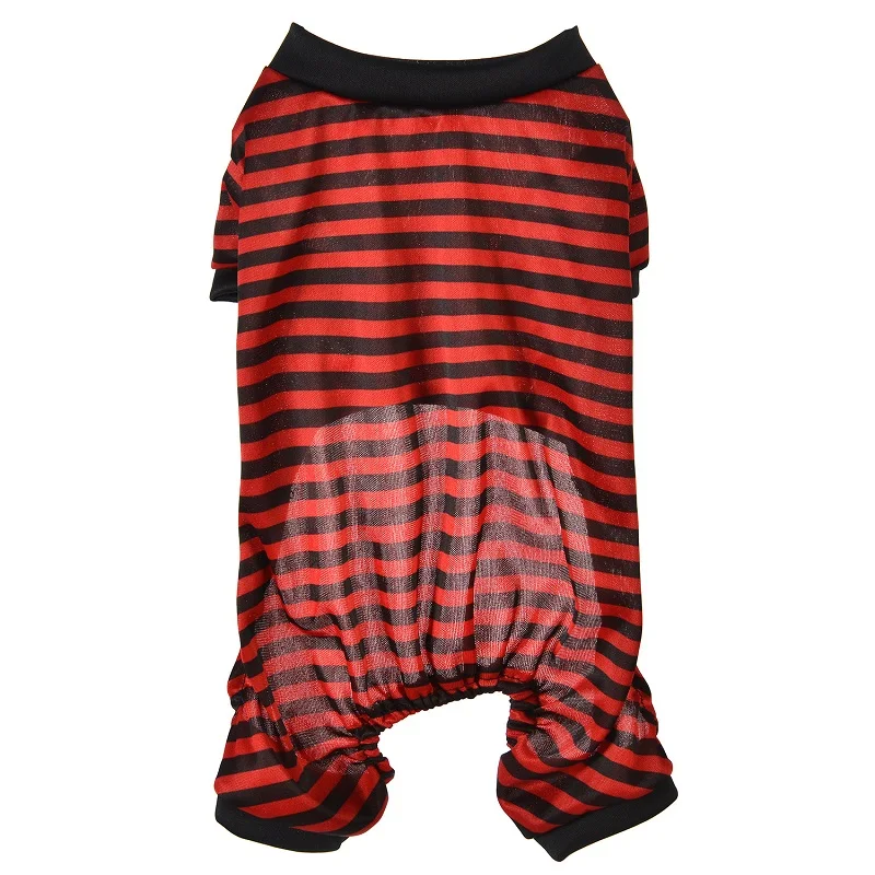 New Thin Stripe Pet Dog Pajamas For Cats Jumpsuit Dog Clothes Puppy Clothing Summer Cat Sleepwear Dogs Pyjamas Pet Nightshirt 35 - Цвет: Красный
