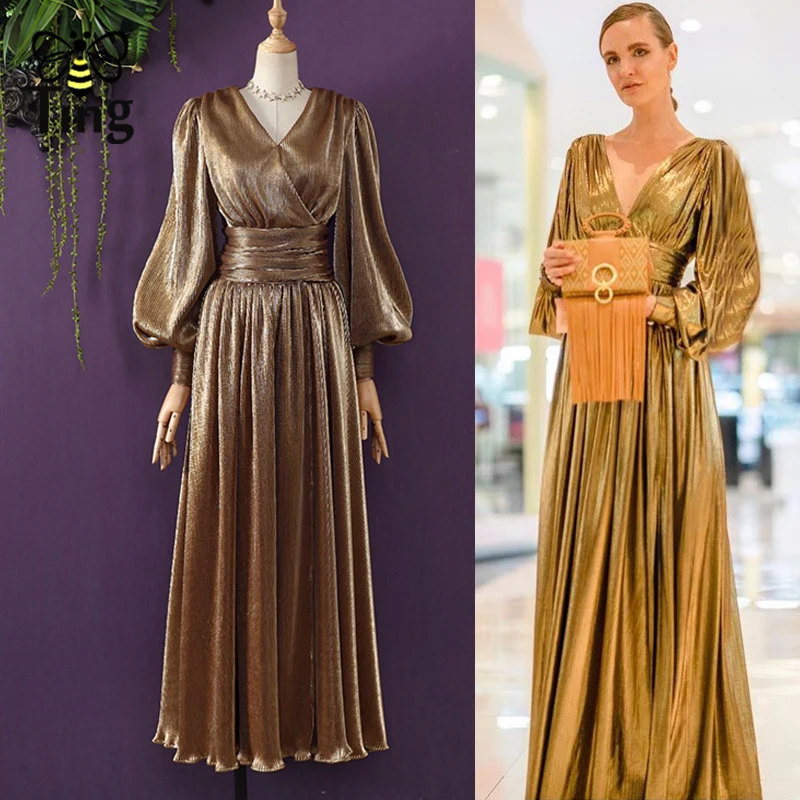 

Tingfly Designer Gorgeous Golden Color Luxury Maxi Party Dresses Empire Shiny Bling Split Long Dress Celibrity Occasion Dress