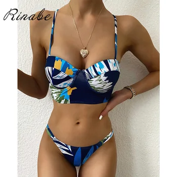 

Rinabe Push Up Bikini Floral Print Swimsuit Bandeau Swimwear Women Bathing Suit String Bikini Set Bikinis Brazilian Biquini