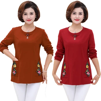 

Women Long Sleeves Embroidery Floral Tops 2020 Spring Fall Plus Size Middle Age Mother T-Shirts Pullover O-Neck Tee Shirt Femme