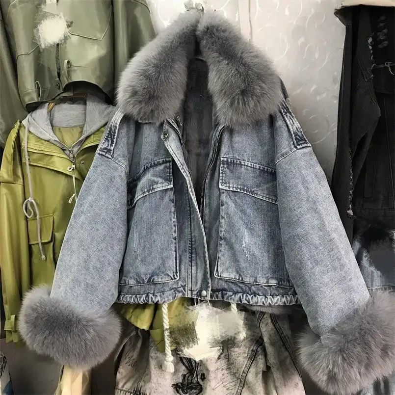 Зимняя джинсовая куртка для женщин из натурального кроличьего меха Iiner, пальто, зимние парки, толстый теплый мех, Воротник из лисьего меха, меховое джинсовое пальто