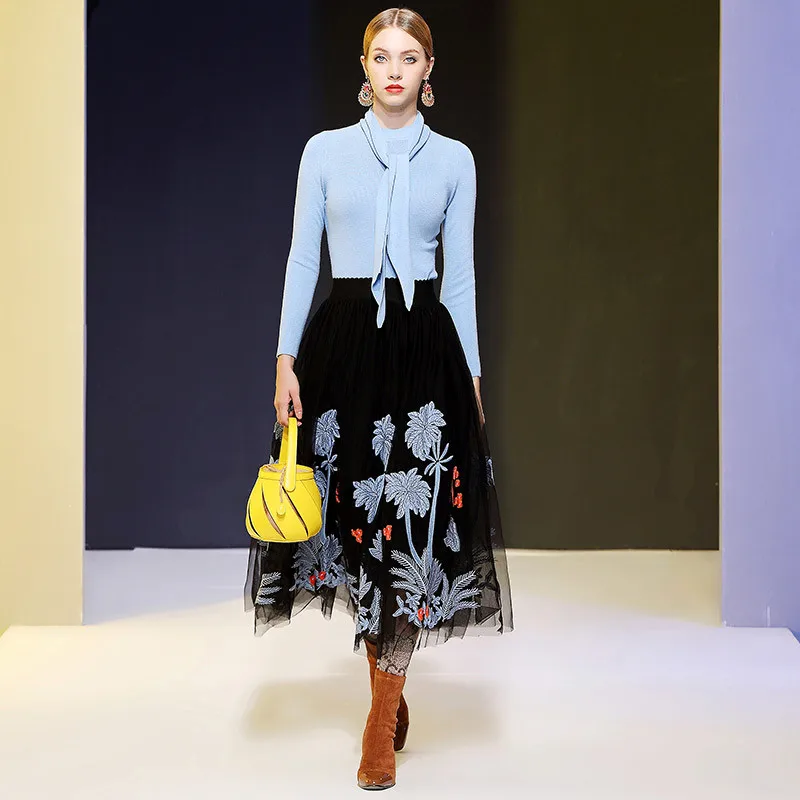 Одежда высшего качества Runway костюм, 2 предмета в комплекте для детей Топ и юбка комплект Для женщин Осень дизайнерский пуловер с длинными рукавами свитер+ вышивка Тюлевая юбка наборы для ухода за кожей