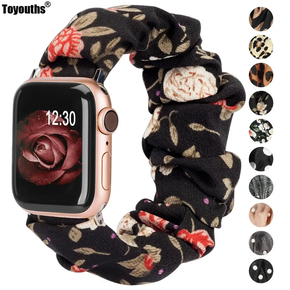 

Печатный тканевый ремешок для Apple Watch SE Scrunchies 42 мм 40 мм Женский эластичный ремешок из розового золота 38 мм 44 мм для Apple Watch 6 5 4 3 2 1