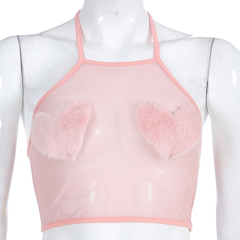 

Pink Transparent Mesh Crop Tops Sexy Women Halter Sleeveless Tank Tops Short Fuzzy Heart Backless Tees
