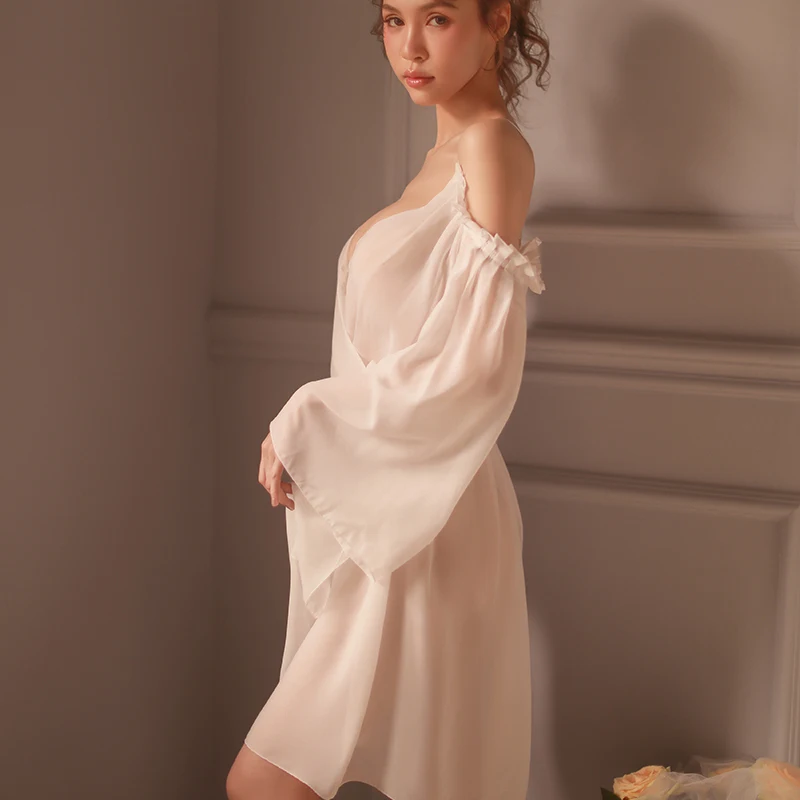 Женское летнее Сексуальное белье Babydoll перспективная кружевная шифоновая Пижама с глубоким v-образным вырезом для принцессы с длинным рукавом Прозрачная большая ночная рубашка