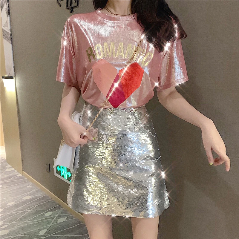 Spring Summer Skirts Women Korea Mini Hip Skirt Sequined Bling Pencil Skirt Chic High Waist Skirt Female for Party Club