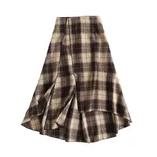 Vintage Women Midi Skirt Bohemian Autumn Irregular Female High Waist Casual Streetwear Ladies Skirt Plaid Moda Mujer Elegant