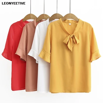 

2020 New Fashion Brand Oversize Plus Size Tshirt Teeshirt T-shirt O-neck Casual Short Solid Bow Regular Polyester Chiffon